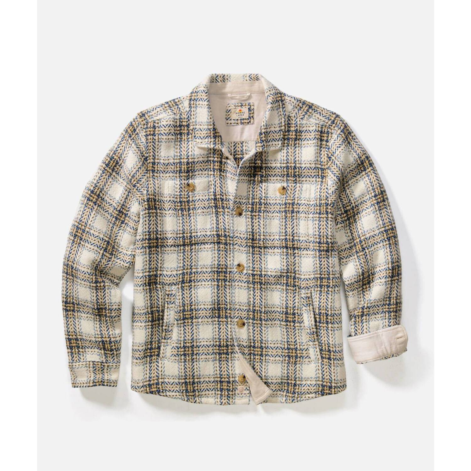 New Marine Layer Men's Max Twill Overshirt In Natural/Blue Plaid